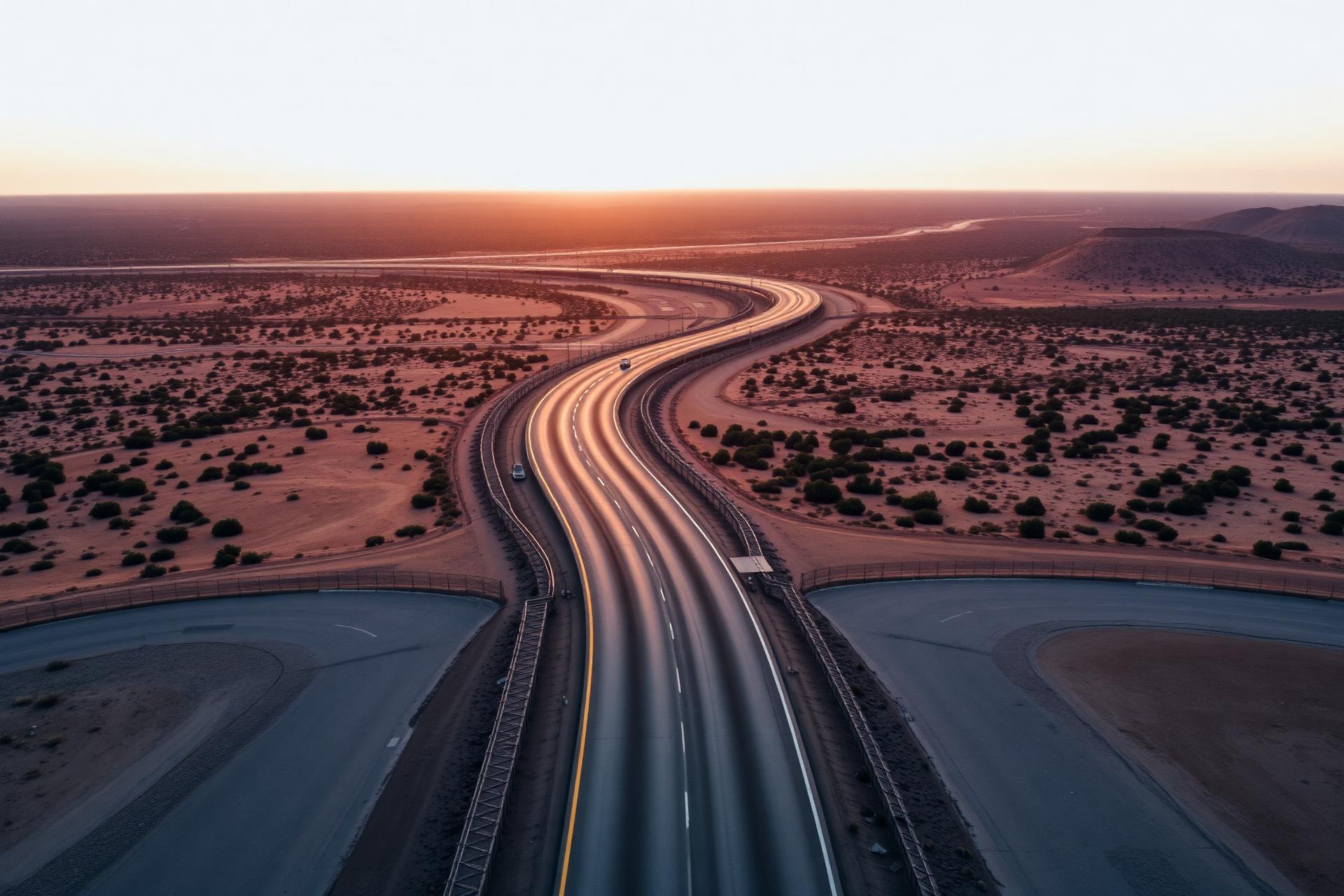 Aerial view of a Texas interstate highway at golden hour